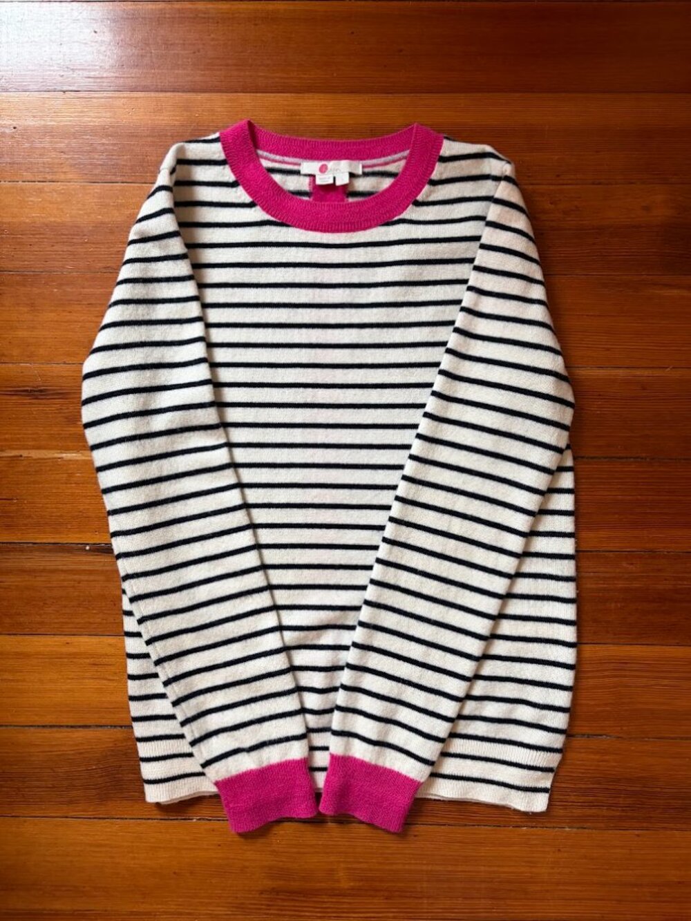 Boden Chatham Stripe Cashmere Sweater | Cream, Black & Pink | Size S